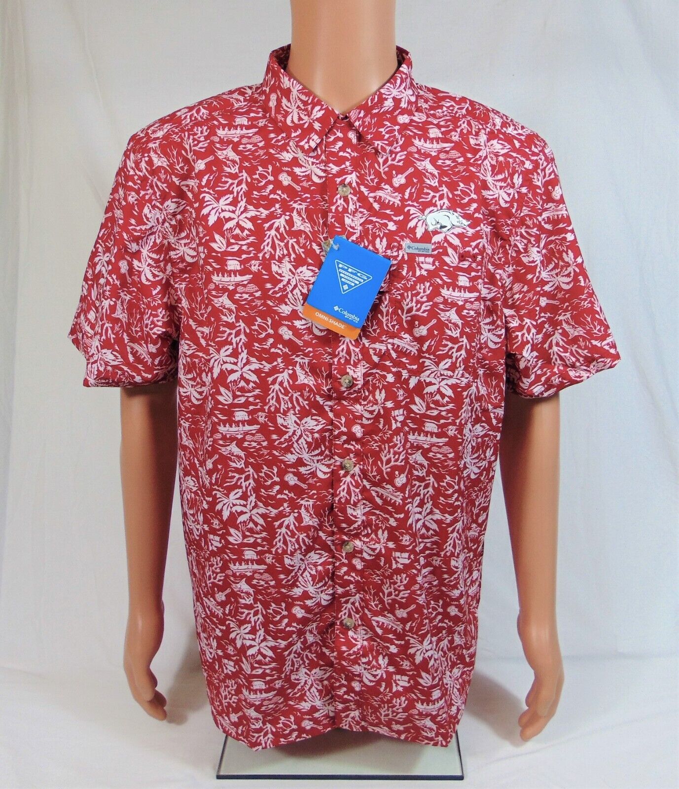 Columbia Pfg Arkansas Razorbacks Super Slack Tide Hawaiian Golf Shirt