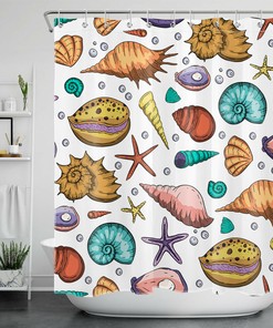 Conch Starfish Shell Shower Curtain for a Tropical Ocean Beach Bathroom Decor
