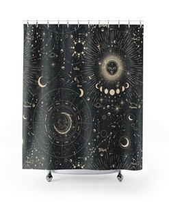 Constellation Shower Curtain with Moon Phases - Boho Celestial Bathroom Decor