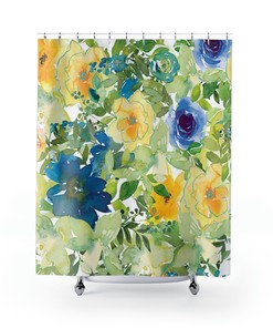 Contemporary Boho Shower Curtain Featuring Sage Green and Blue