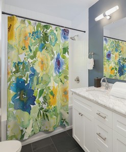 Contemporary Boho Shower Curtain Featuring Sage Green and Blue