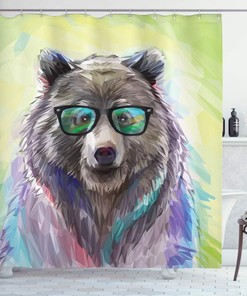 Cool Hipster Bear Shower Curtain, Spectacles Colorful Portrait Themed Print- Home Decor