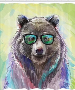 Cool Hipster Bear Shower Curtain, Spectacles Colorful Portrait Themed Print- Home Decor