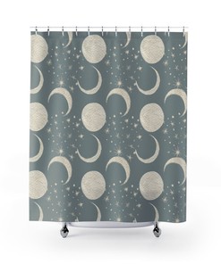 Cosmic Full Moons Stars Boho Shower Curtain, Light Gray Ivory Watercolor, Water Resistant Bathroom Decoration