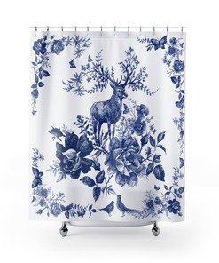 Cottagecore Deer Art Blue Shower Curtain for Forest Bathroom - Bathroom and Home Decor