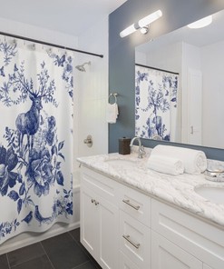 Cottagecore Deer Art Blue Shower Curtain for Forest Bathroom - Bathroom and Home Decor
