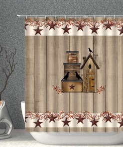 Country Birdhouse and Texas Star Shower Curtain - Rustic Wood Barn Door Primitive Farmhouse with Pip Berry for Home Bathroom Décor