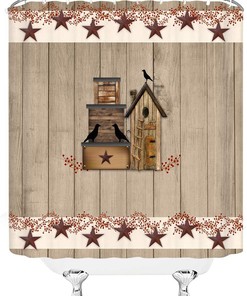 Country Birdhouse and Texas Star Shower Curtain - Rustic Wood Barn Door Primitive Farmhouse with Pip Berry for Home Bathroom Décor