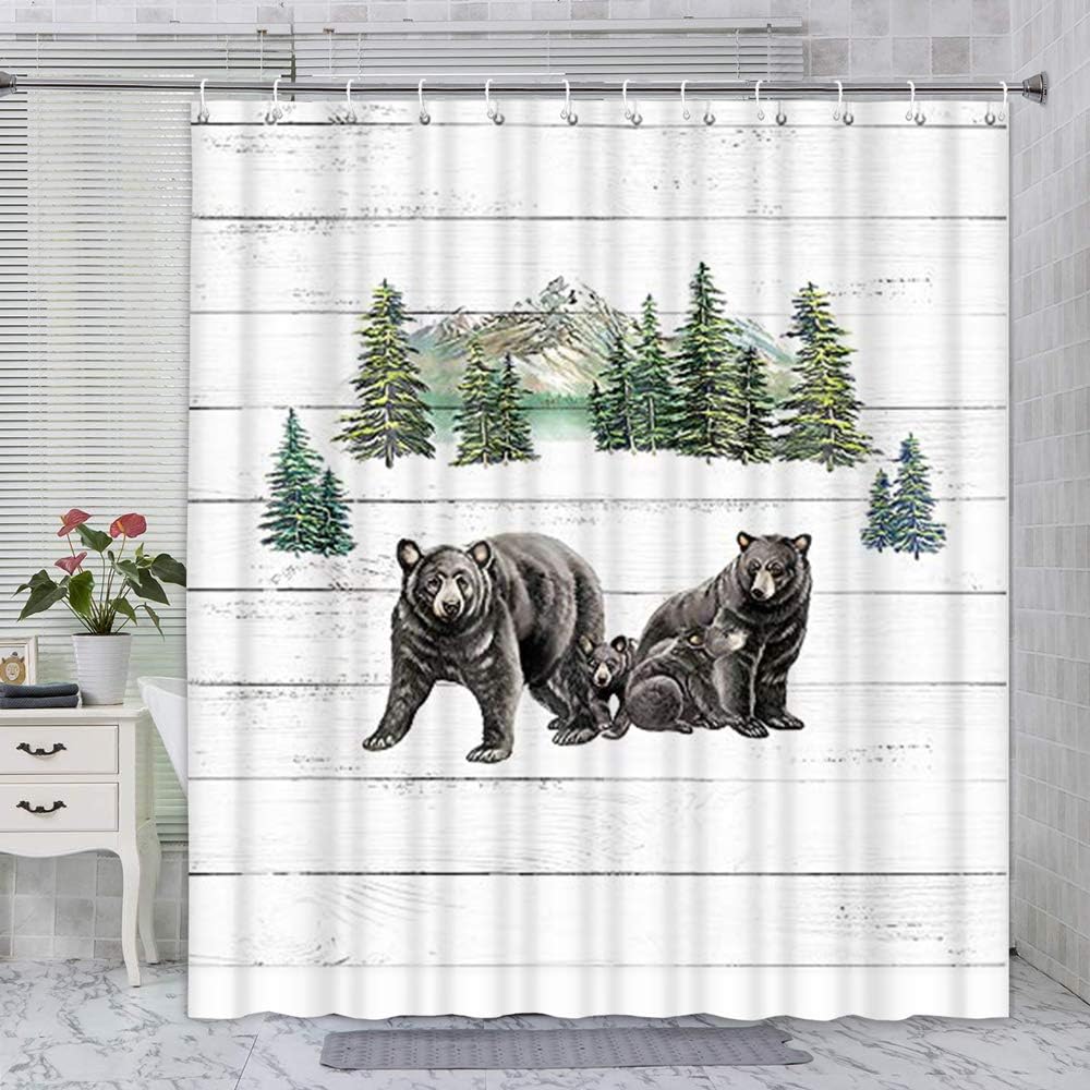 Country Wild Animals and Natural Mountains Black Bear Shower Curtain for Rustic Cabin Bathroom Decor
