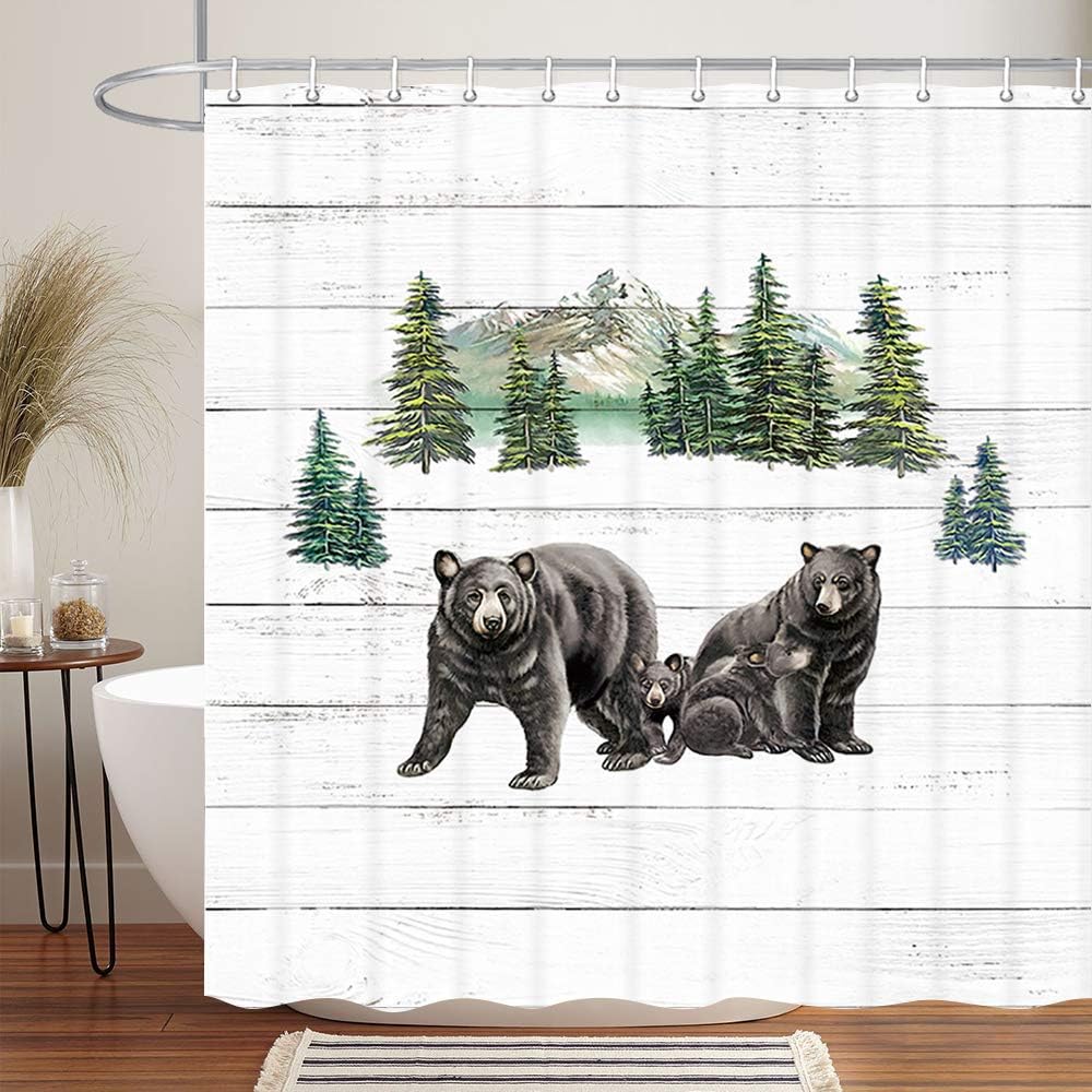 Country Wild Animals and Natural Mountains Black Bear Shower Curtain for Rustic Cabin Bathroom Decor