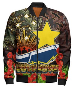 Cowboys Rugby Bomber Jacket - Custom Anzac Cowboys with Remembrance Poppy and Indigenous Patterns Bomber Jacket -  NRL