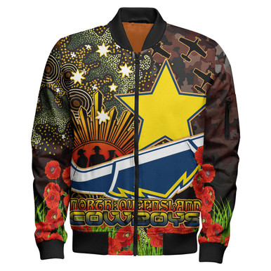 Cowboys Rugby Bomber Jacket - Custom Anzac Cowboys with Remembrance Poppy and Indigenous Patterns Bomber Jacket - NRL