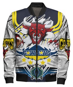 Cowboys Rugby Custom Bomber Jacket - Indigenous Queensland Super Cows With Sea Turtle Scratch Style