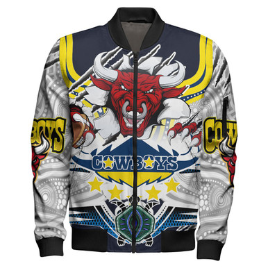 Cowboys Rugby Custom Bomber Jacket - Indigenous Queensland Super Cows With Sea Turtle Scratch Style