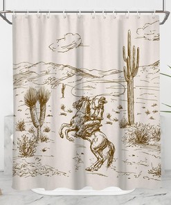 Cowgirl and Cowboy Shower Curtain with Vintage Retro Wild West Earthy Country Theme - Perfect for American Mountain Bathroom Decoration