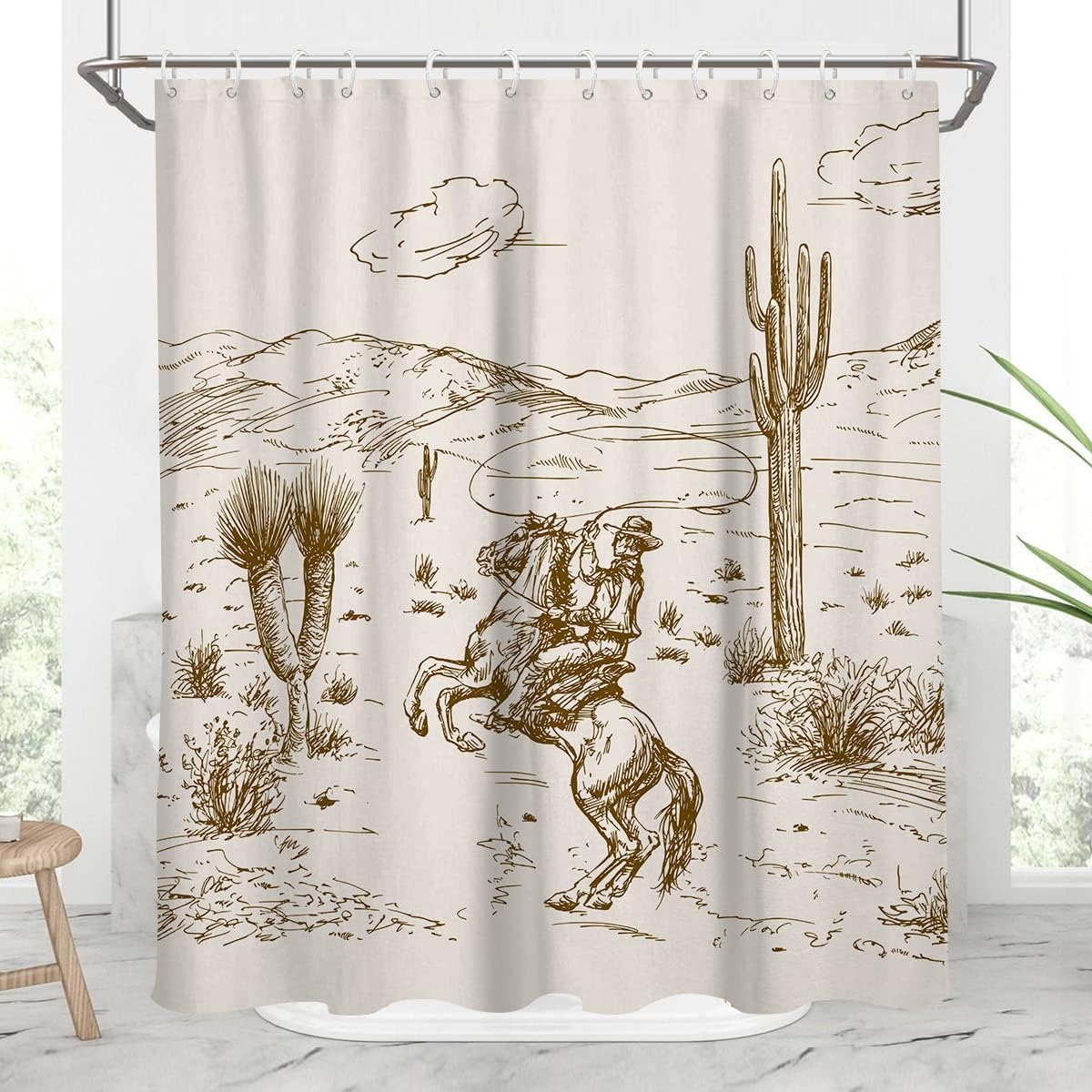 Cowgirl and Cowboy Shower Curtain with Vintage Retro Wild West Earthy Country Theme - Perfect for American Mountain Bathroom Decoration