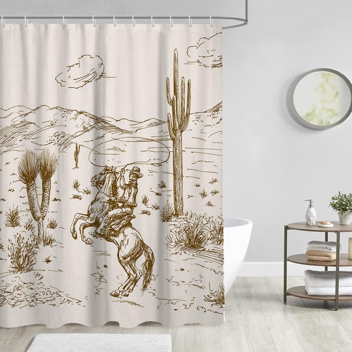 Cowgirl and Cowboy Shower Curtain with Vintage Retro Wild West Earthy Country Theme - Perfect for American Mountain Bathroom Decoration