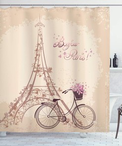 Cream Pink Paris Shower Curtain, Bonjour Paris Eiffel Tower Vintage Bicycle Flowers Retro Print, Bathroom Decor 