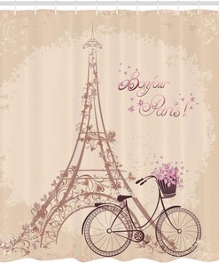 Cream Pink Paris Shower Curtain, Bonjour Paris Eiffel Tower Vintage Bicycle Flowers Retro Print, Bathroom Decor