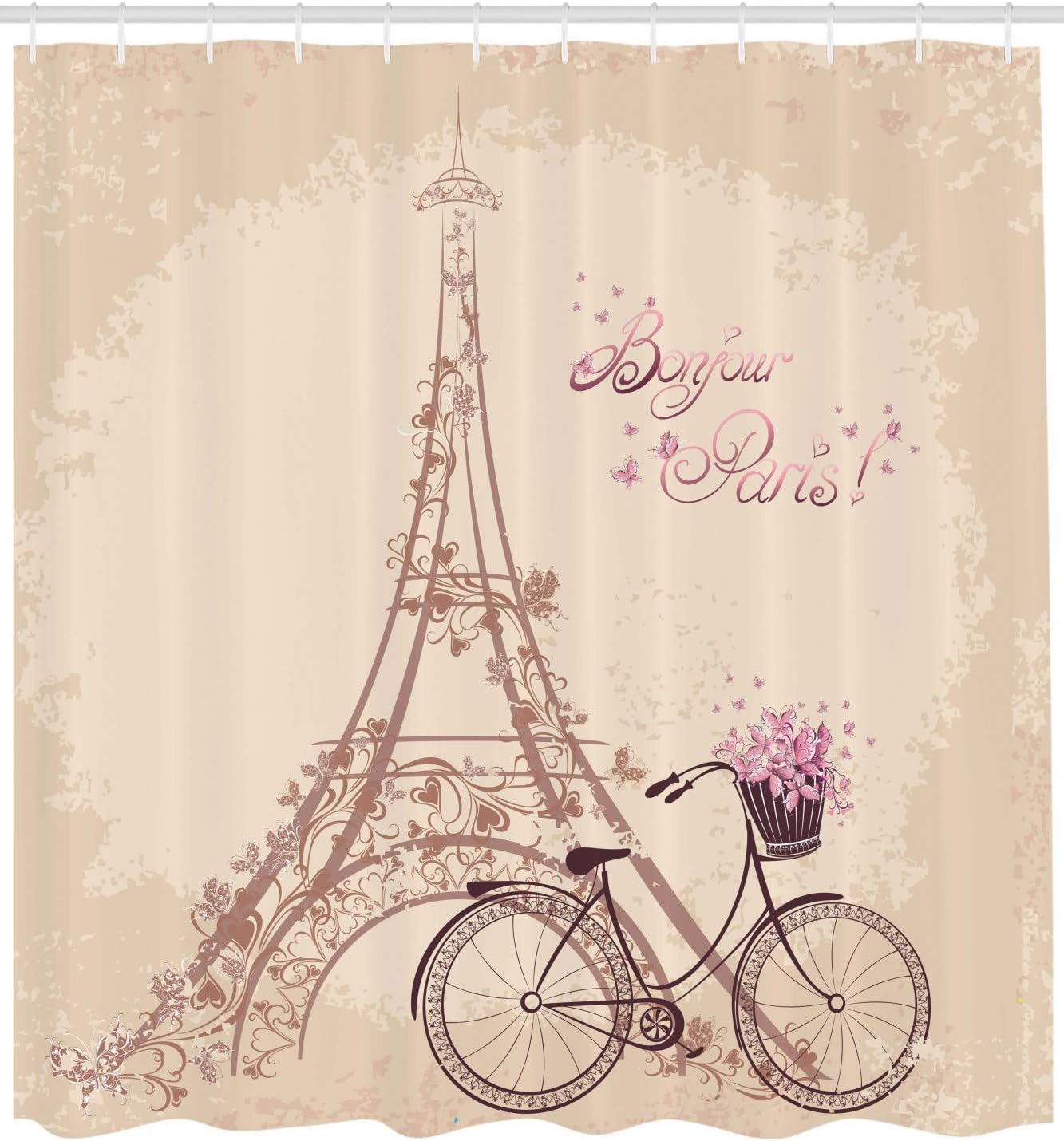 Cream Pink Paris Shower Curtain, Bonjour Paris Eiffel Tower Vintage Bicycle Flowers Retro Print, Bathroom Decor