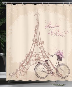 Cream Pink Paris Shower Curtain, Bonjour Paris Eiffel Tower Vintage Bicycle Flowers Retro Print, Bathroom Decor