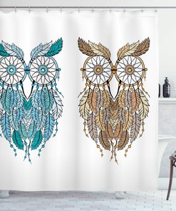 Cream White Teal Owl Shower Curtain, Dreamcatcher Style Magic Farsighted Birds, Bathroom Decor Home Decor 