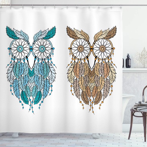Cream White Teal Owl Shower Curtain, Dreamcatcher Style Magic Farsighted Birds, Bathroom Decor Home Decor