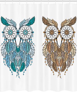 Cream White Teal Owl Shower Curtain, Dreamcatcher Style Magic Farsighted Birds, Bathroom Decor Home Decor