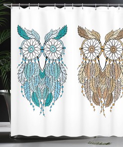 Cream White Teal Owl Shower Curtain, Dreamcatcher Style Magic Farsighted Birds, Bathroom Decor Home Decor