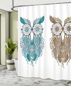 Cream White Teal Owl Shower Curtain, Dreamcatcher Style Magic Farsighted Birds, Bathroom Decor Home Decor
