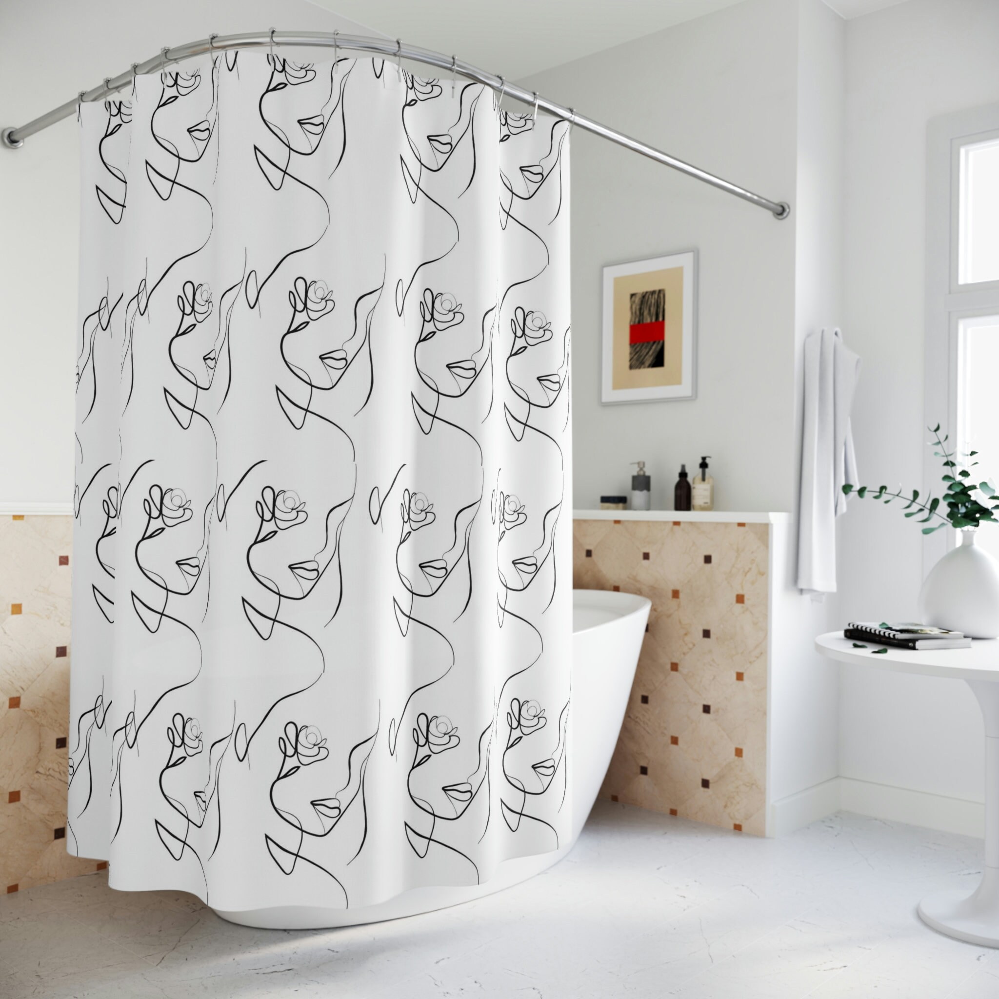 Creative Abstract Mid Century Woman Geometric Line Art Shower Curtain for Contemporary Bathroom Decor