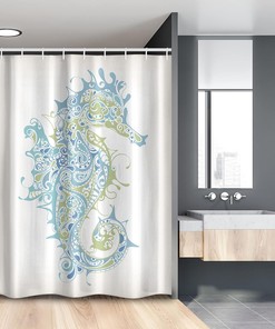 Creative Seahorse Shower Curtain, Sea Animal Creature Cloth Bathroom Decor, Pale Blue Green