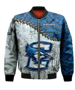 Creighton Bluejays Bomber Jacket Grunge Polynesian Tattoo- NCAA