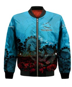 Cronulla-Sutherland Sharks Bomber Jacket Aboriginal Rugby Anzac Day Poppy With Soldiers- NRL