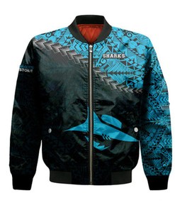 Cronulla-Sutherland Sharks Bomber Jacket Grunge Polynesian Tattoo - NRL