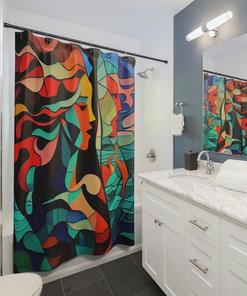 Cubist-Style Modern Art Abstract Mermaid Shapes Shower Curtain for Artistic Bathroom Decor