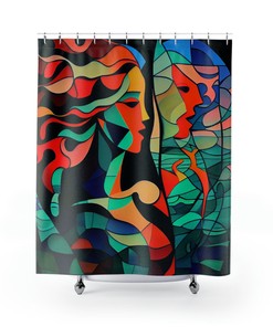 Cubist-Style Modern Art Abstract Mermaid Shapes Shower Curtain for Artistic Bathroom Decor