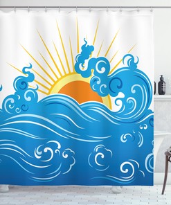 Curved Ocean Waves Sun Print Abstract Shower Curtain for Beachy Bathroom Decor