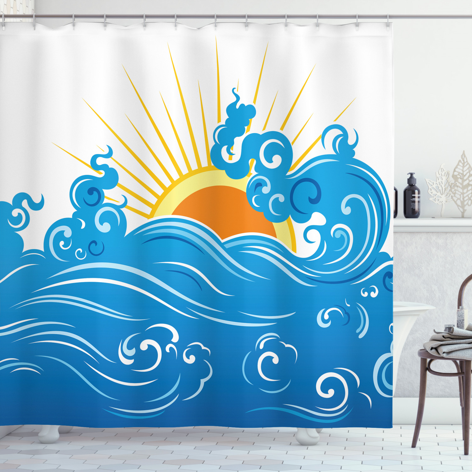 Curved Ocean Waves Sun Print Abstract Shower Curtain for Beachy Bathroom Decor