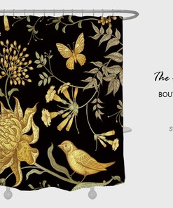 Custom Size Black Shower Curtain with Gold Flowers and Birds for Vintage Bathroom Decor