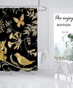 Custom Size Black Shower Curtain with Gold Flowers and Birds for Vintage Bathroom Decor