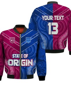 Custom Text and Number Blues and Maroons Rugby Bomber Jacket Origin NSW Combine Queensland Aboriginal Australian LT13
