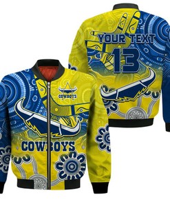 Custom Text and Number Cowboys Rugby Bomber Jacket Aboriginal Boomerang Go Premiers North Queensland LT13