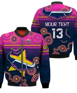 Custom Text and Number Cowboys Rugby Bomber Jacket Aboriginal Go Premiers North Queensland LT13