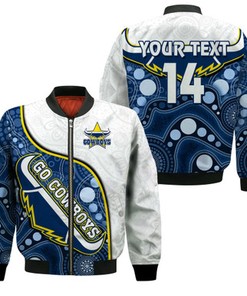 Custom Text and Number Cowboys Rugby Bomber Jacket Indigenous Pattern 2022 Premiers Sporty Style LT14