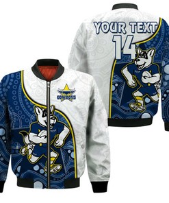 Custom Text and Number Cowboys Rugby Bomber Jacket Macost Indigenous Pattern 2022 Premiers LT14
