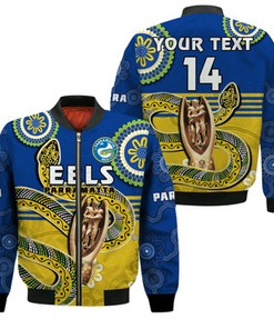 Custom Text and Number Eels Rugby Bomber Jacket Parra 2022 Indigenous Proud Premiers LT14