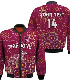 Custom Text and Number Maroons Rugby Bomber Jacket Kangaroo Indigenous Pattern Unique Version LT14