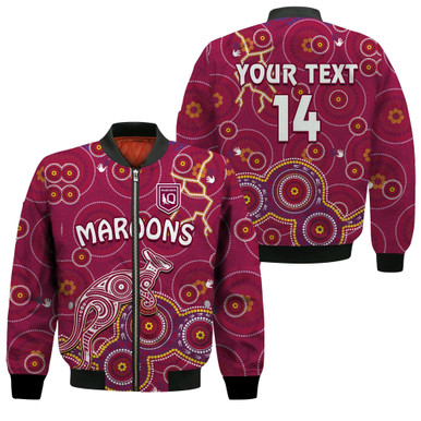 Custom Text and Number Maroons Rugby Bomber Jacket Kangaroo Indigenous Pattern Unique Version LT14