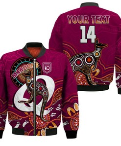 Custom Text and Number Maroons Rugby Bomber Jacket Queensland Kangaroo Aboriginal Dot Paintings LT14
